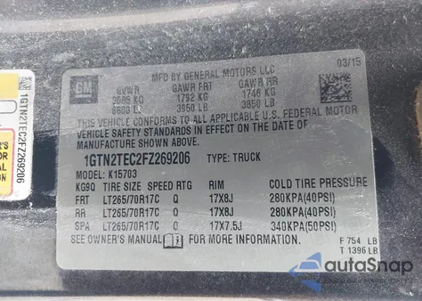 2015 GMC Sierra 1500 z USA, uszkodzony, nr VIN 1GTN2TEC2FZ269206